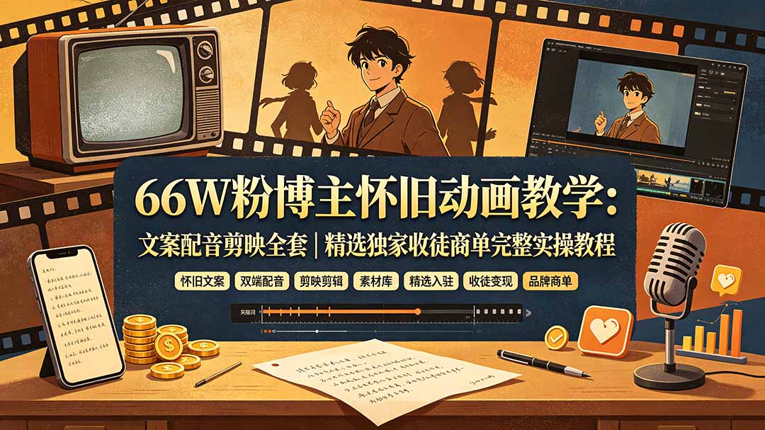66W粉博主怀旧动画教学：文案配音剪映全套｜精选独家收徒商单完整实操教程-网创资源站