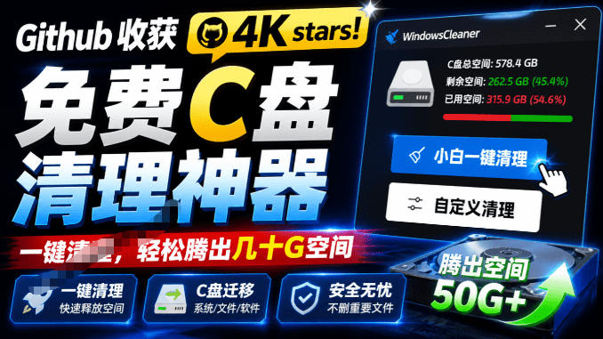 Github收获4K stars！免费C盘清理神器，轻松腾出几十G空间，支持C盘迁移Windows Cleaner-网创资源站