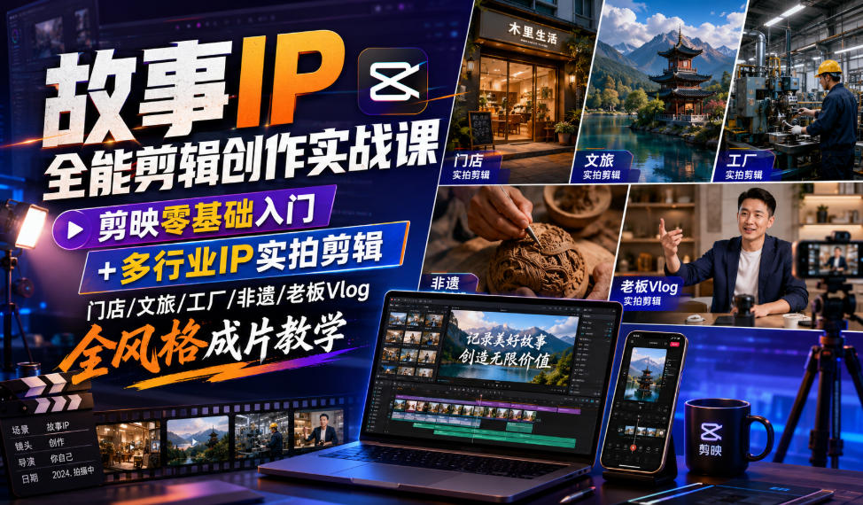 故事IP全能剪辑创作实战课｜剪映零基础入门+多行业IP实拍剪辑，门店/文旅/工厂/非遗/老板Vlog全风格成片教学-网创资源站