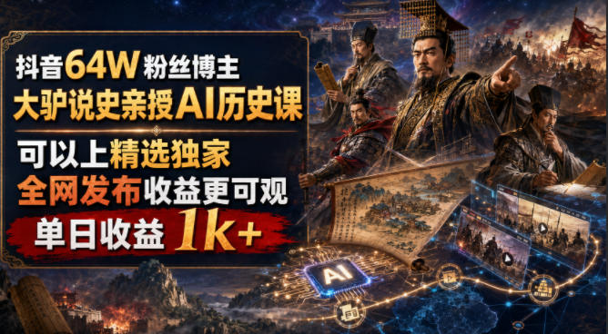 抖音64W粉丝博主大驴说史亲授AI历史课，可以上精选独家，全网发布收益更可观，单日收益1k+-网创资源站