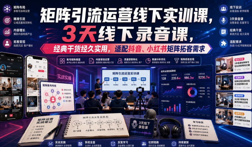 嗨推矩阵引流运营线下实训课，3天线下录音课，经典干货经久实用，适配抖音、小红书矩阵拓客需求-网创资源站