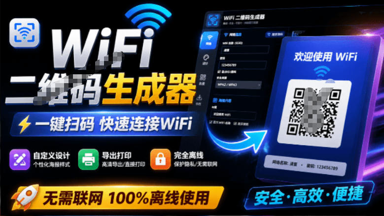 完全离线使用！WiFi二维码生成器，一键扫码快速连接WiFi，支持自定义风格导出WiFi二维码生成器-网创资源站