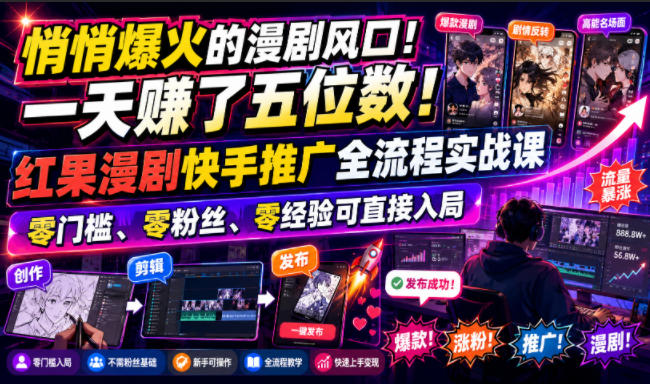 悄悄爆火的漫剧风口！一天賺了五位数！红果漫剧快手推广全流程实战课，零门槛、零粉丝、零经验可直接入局-网创资源站