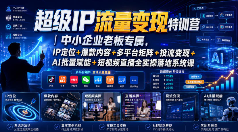 超级IP流量变现特训营｜中小企业老板专属，IP定位+爆款内容+多平台矩阵+投流变现+AI批量赋能+短视频直播全实操落地系统课-网创资源站