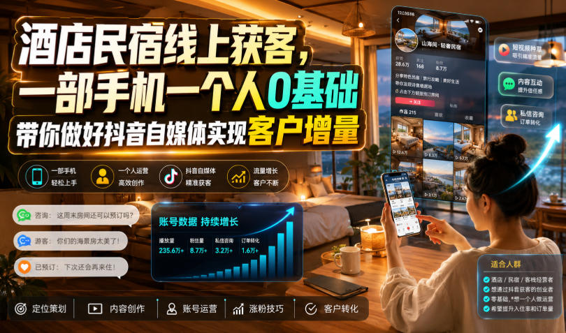 酒店民宿线上获客，一部手机一个人0基础带你做好抖音自媒体实现客户增量-网创资源站