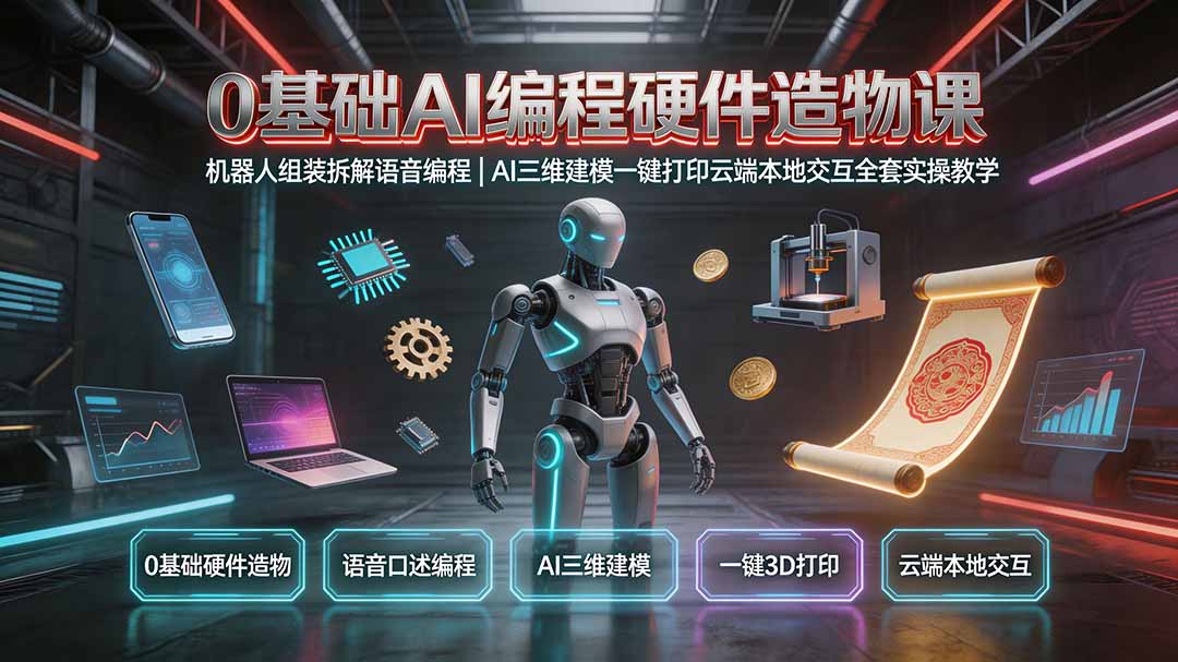 0基础AI编程硬件造物课｜机器人组装拆解语音编程，AI三维建模一键打印云端本地交互全套实操教学-网创资源站