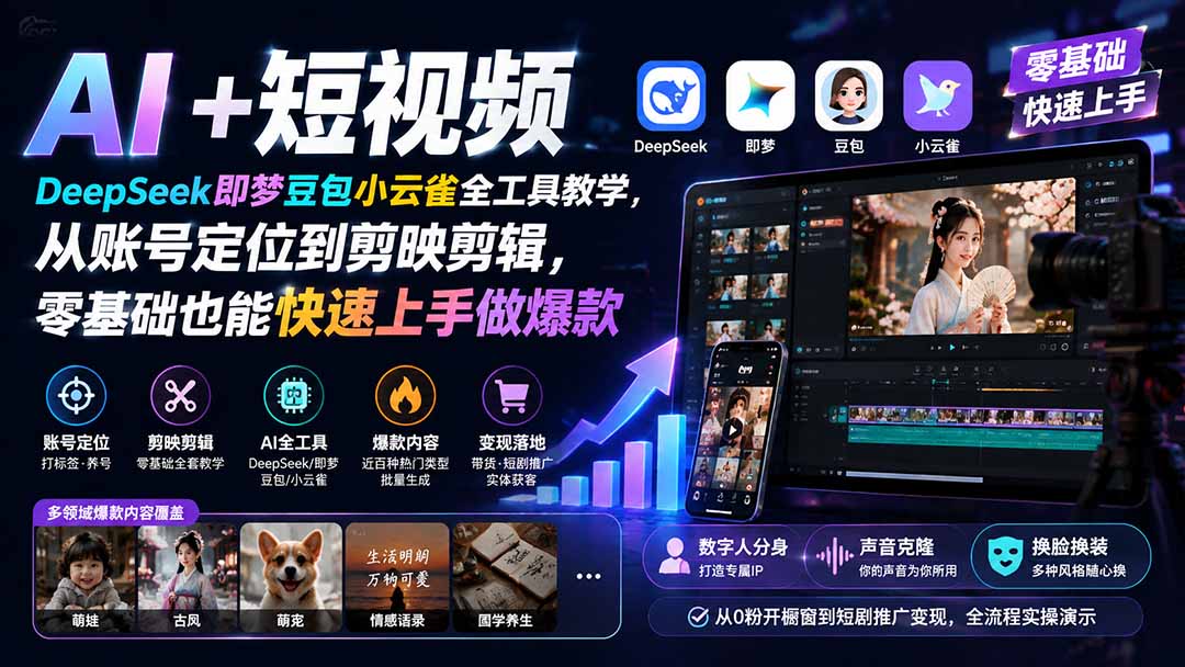AI+短视频｜DeepSeek即梦豆包小云雀全工具教学，从账号定位到剪映剪辑，零基础也能快速上手做爆款-网创资源站