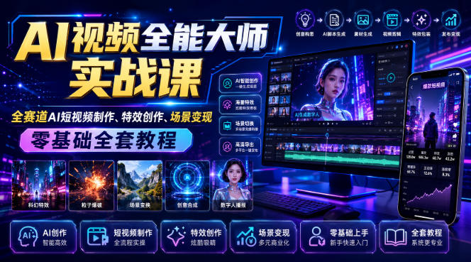 AI视频全能大师实战课｜全赛道AI短视频制作、特效创作、场景变现零基础全套教程-网创资源站