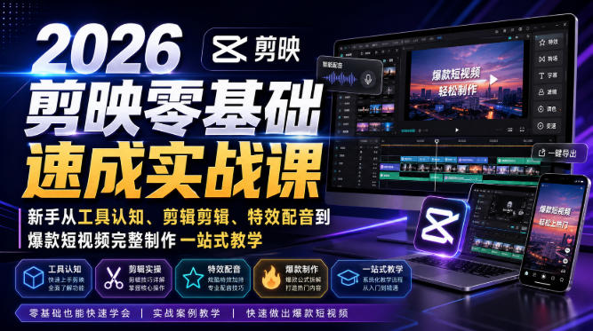 2026剪映零基础速成实战课｜新手从工具认知、剪辑剪辑、特效配音到爆款短视频完整制作一站式教学-网创资源站