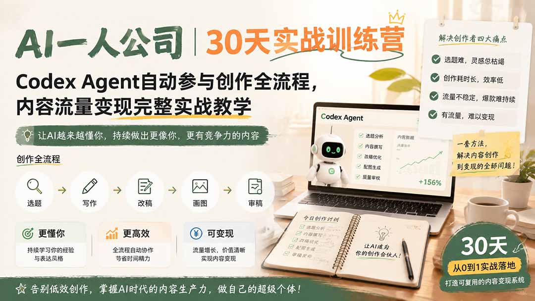 AI一人公司｜30天实战训练营；Codex Agent自动参与创作全流程，内容流量变现完整实战教学-网创资源站