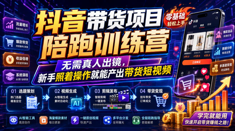 抖音带货项目陪跑训练营，无需真人出镜，新手照着操作就能产出带货短视频(更新0811)-网创资源站