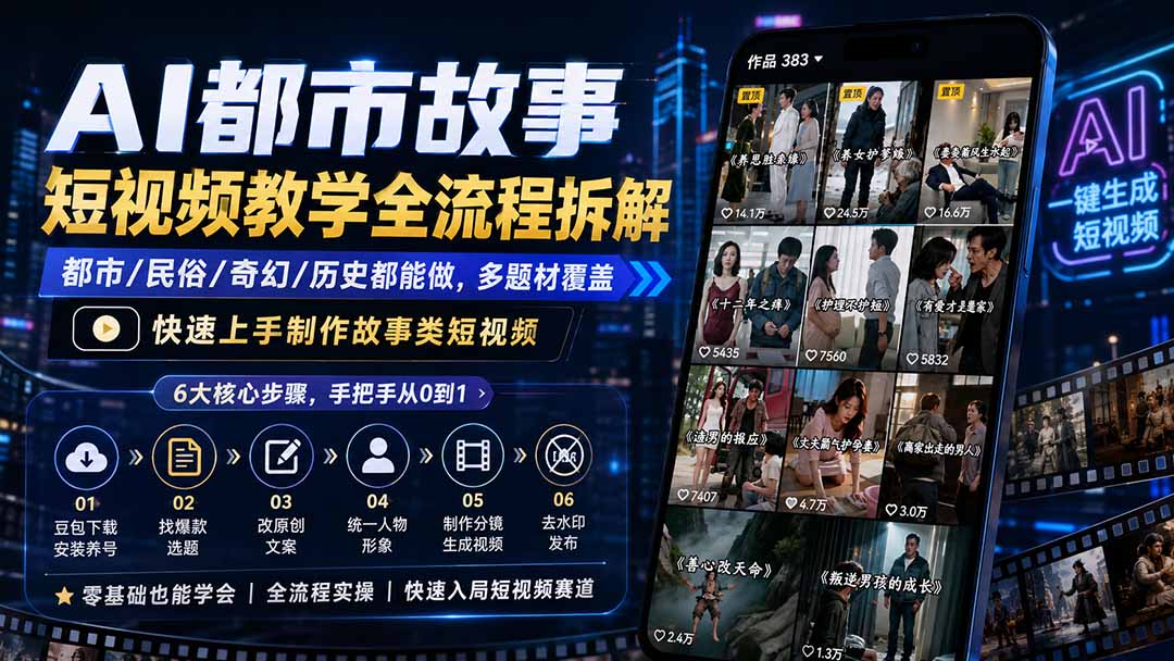 AI都市故事短视频教学全流程拆解；都市/民俗/奇幻/历史都能做多题材覆盖，快速上手制作故事类短视频-网创资源站