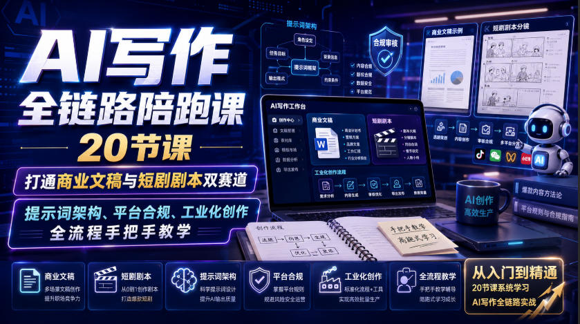 AI写作全链路陪跑课｜20节课打通商业文稿与短剧剧本双赛道，提示词架构、平台合规、工业化创作全流程手把手教学-网创资源站