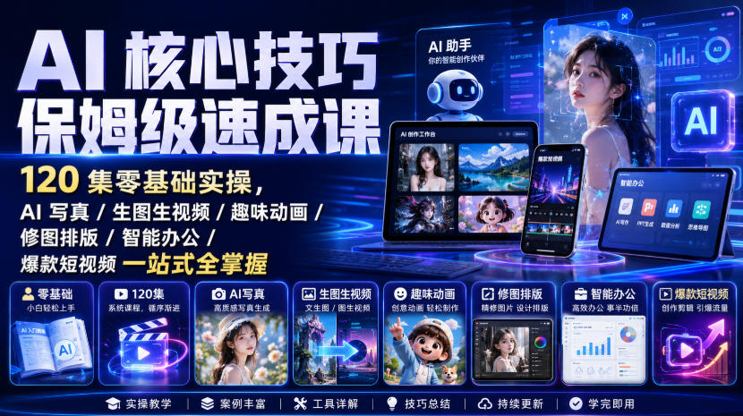 AI核心技巧保姆级速成课｜120集零基础实操，AI写真/生图生视频/趣味动画/修图排版/智能办公/爆款短视频一站式全掌握-网创资源站