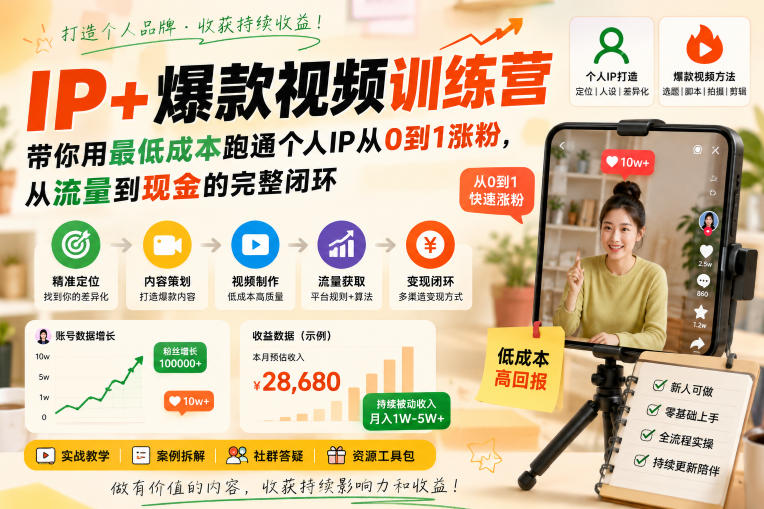 IP+爆款视频训练营，带你用最低成本跑通个人IP从0到1涨粉，从流量到现金的完整闭环-网创资源站