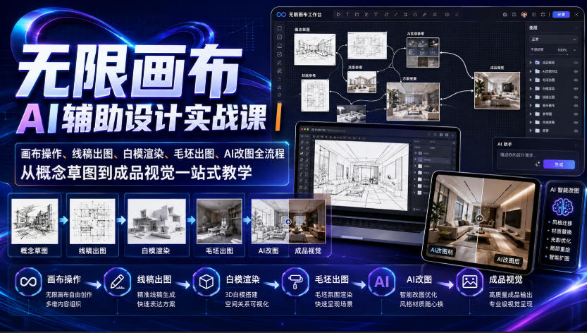 无限画布AI辅助设计实战课｜画布操作、线稿出图、白模渲染、毛坯出图、AI改图全流程，从概念草图到成品视觉一站式教学-网创资源站
