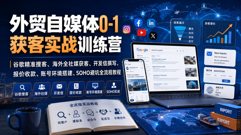 外贸自媒体0-1获客实战训练营｜谷歌精准搜客、海外全社媒获客、开发信撰写、报价收款、账号环境搭建、SOHO避坑全流程教程(更新)-网创资源站