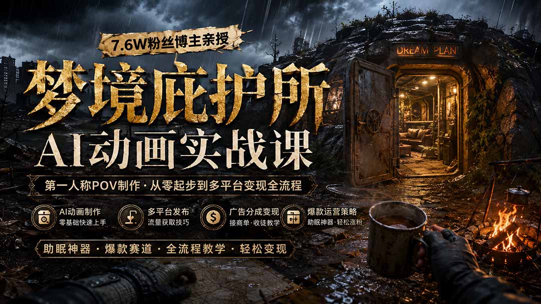 梦境庇护所AI动画实战课：7.6W粉丝博主亲授第一人称POV制作，从零起步到多平台发布变现全流程-网创资源站
