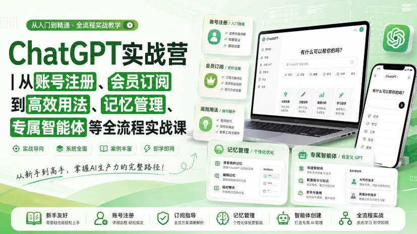 ChatGPT实战营｜从账号注册、会员订阅到高效用法、记忆管理、专属智能体等全流程实战课-网创资源站