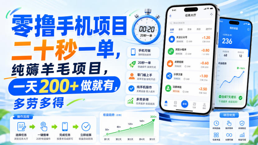 零撸手机项目，二十秒一单，纯薅羊毛项目，一天200+做就有，多劳多得【揭秘】-网创资源站