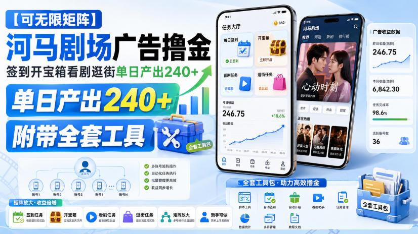 【可无限矩阵】河马剧场广告撸金，签到开宝箱看剧逛街单日产出240+，附带全套工具【揭秘】-网创资源站
