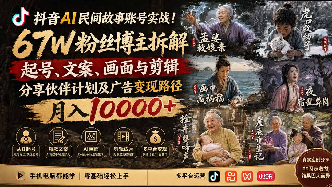 抖音AI民间故事账号实战！67W粉丝博主拆解起号、文案、画面与剪辑，分享伙伴计划及广告变现路径，月入10000+-网创资源站