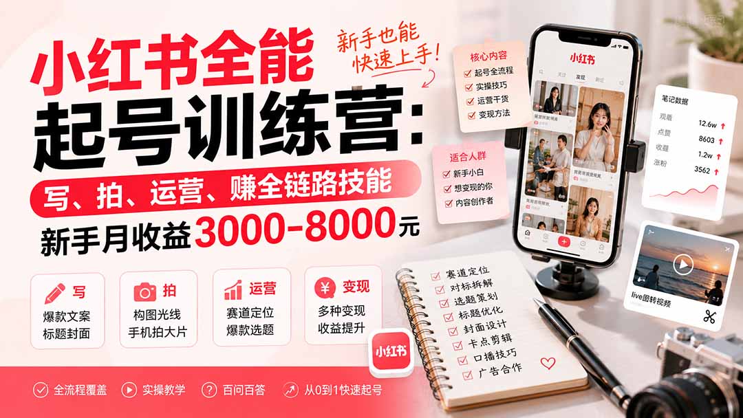 小红书全能起号训练营-更新：写、拍、运营、赚全链路技能，新手月收益3000-8000元-网创资源站