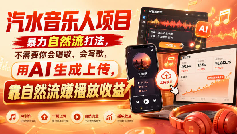 汽水音乐人项目，暴力自然流打法，不需要你会唱歌、会写歌，用AI生成上传，靠自然流賺播放收益-网创资源站