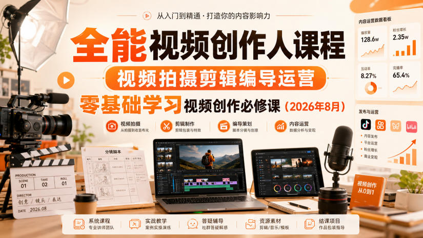全能视频创作人课程，视频拍摄剪辑编导运营，零基础学习视频创作必修课(2026年8月)-网创资源站