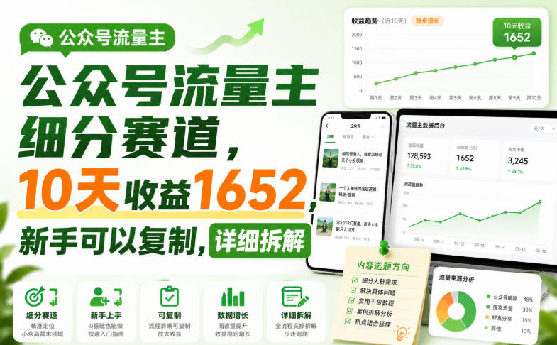 公众号流量主细分赛道，10天收益1652，新手可以复制，详细拆解-网创资源站