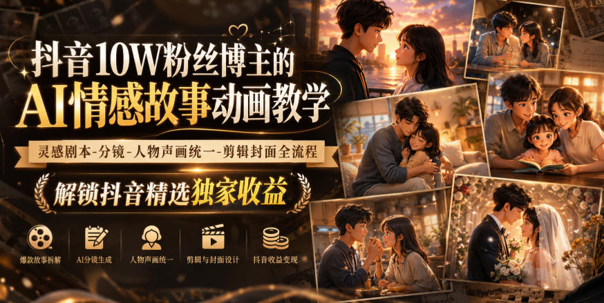 抖音10W粉丝博主的AI情感故事动画教学，灵感剧本‑分镜‑人物声画统一‑剪辑封面全流程，解锁抖音精选独家收益-网创资源站