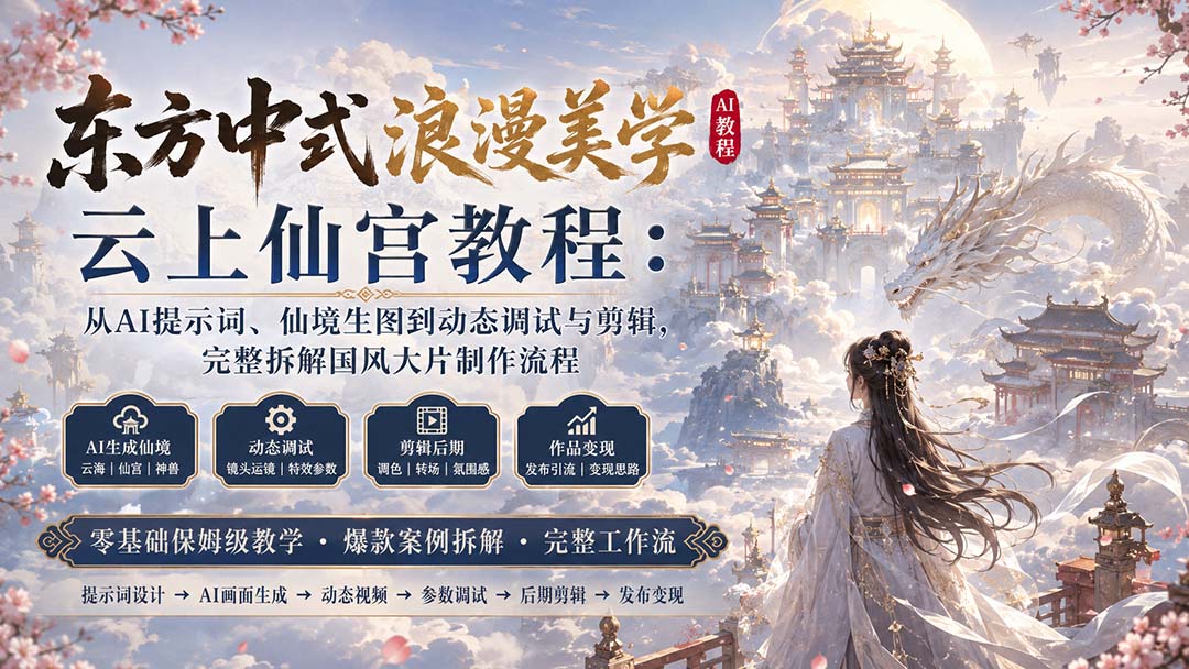 东方中式浪漫美学云上仙宫教程：从AI提示词、仙境生图到动态调试与剪辑，完整拆解国风大片制作流程-网创资源站