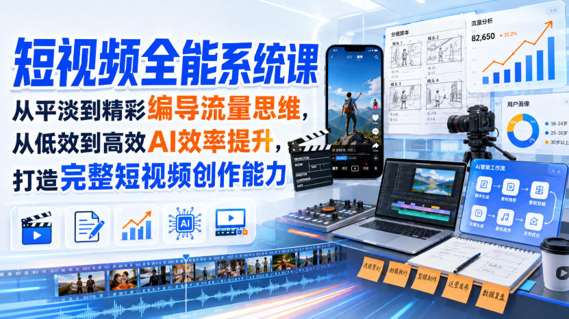 短视频全能系统课，从平淡到精彩编导流量思维，从低效到高效AI效率提升，打造完整短视频创作能力(2026年8月30更新233集)-网创资源站