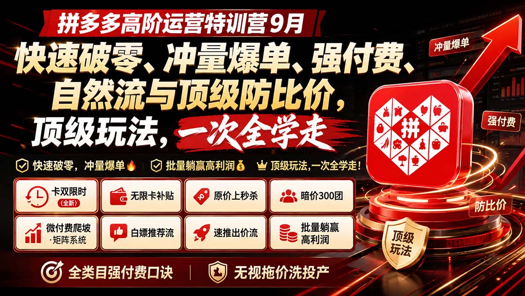 拼多多高阶运营特训营9月：快速破零、冲量爆单、强付费、自然流与顶级防比价， 顶级玩法，一次全学走-网创资源站