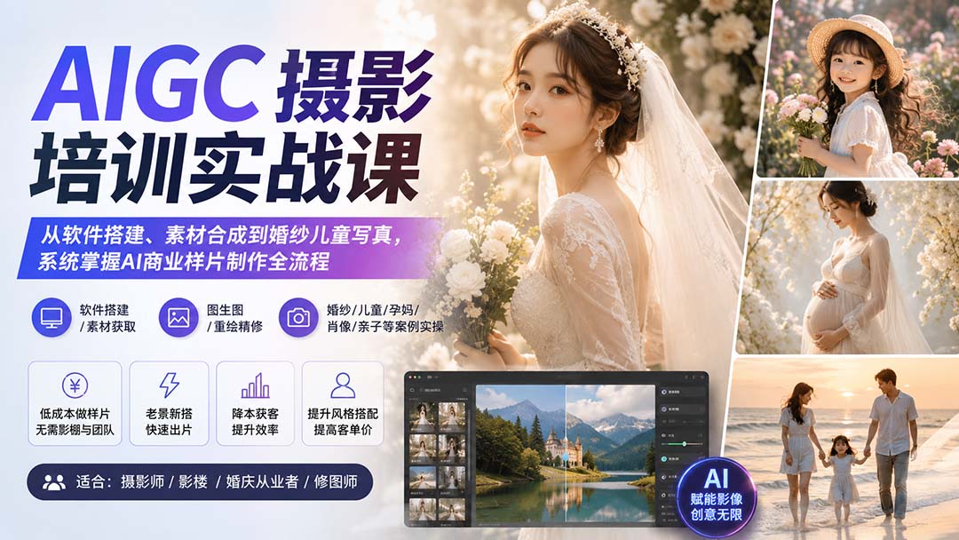 AIGC摄影培训实战课：从软件搭建、素材合成到婚纱儿童写真，系统掌握AI商业样片制作全流程-网创资源站