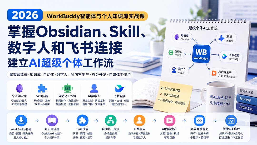 2026 WorkBuddy智能体与个人知识库实战课：掌握Obsidian、Skill、数字人和飞书连接，建立AI超级个体工作流-网创资源站
