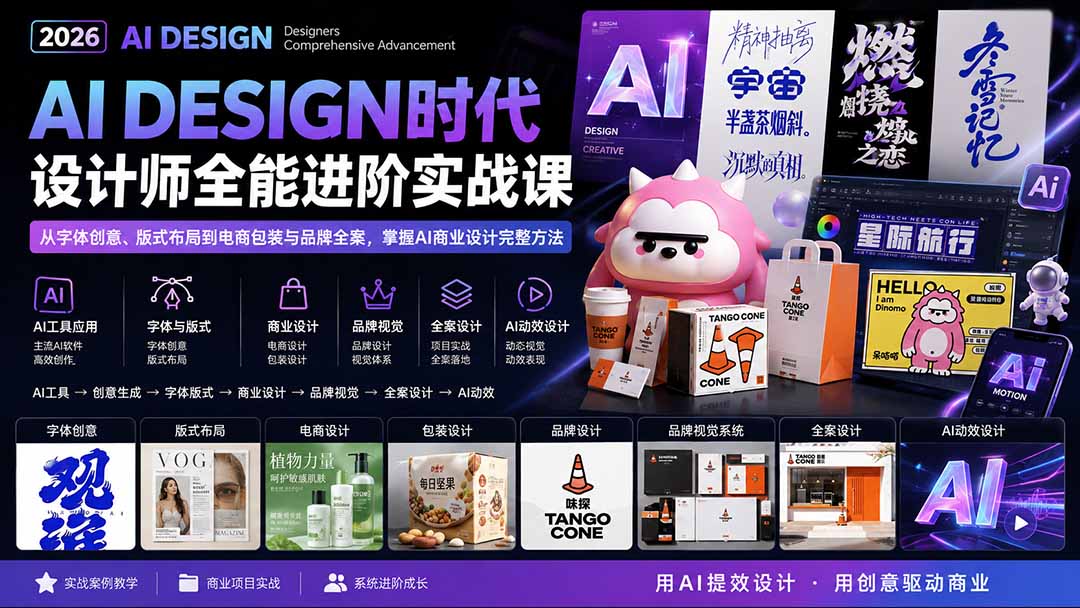 2026AI DESIGN时代设计师全能进阶实战课：从字体创意、版式布局到电商包装与品牌全案，掌握AI商业设计完整方法-网创资源站