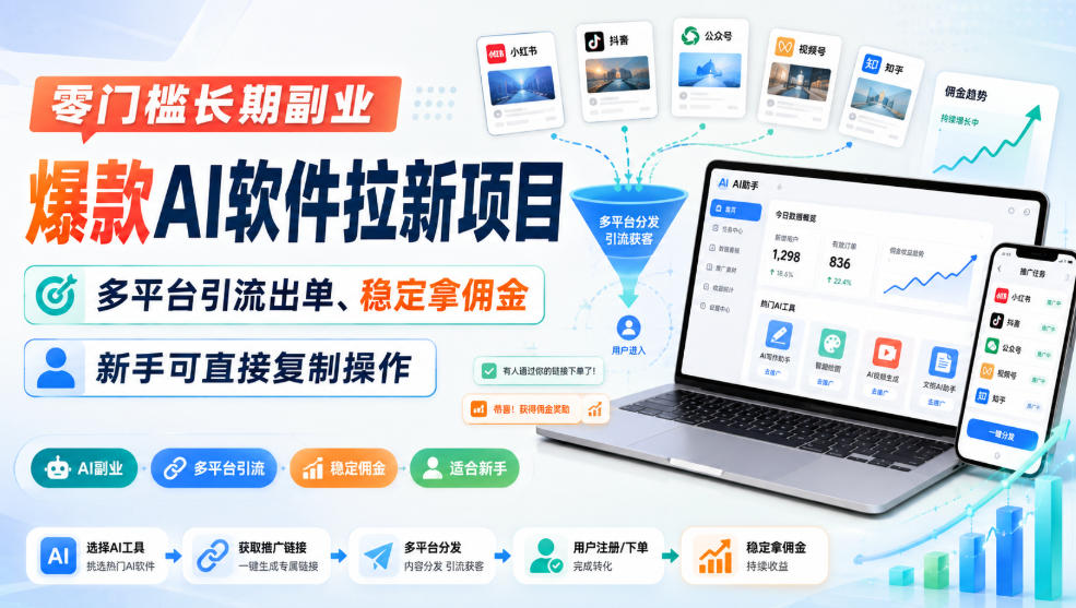 零门槛长期副业，爆款AI软件拉新项目，多平台引流出单、稳定拿佣金，新手可直接复制操作-网创资源站