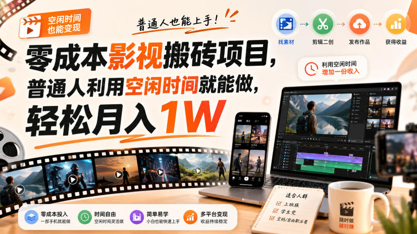 零门槛影视搬砖项目，月入万元，玩法稳定普通人可落地的长期副业！-网创资源站