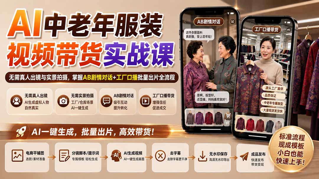 AI中老年服装视频带货实战课：无需真人出镜与实景拍摄，掌握AB剧情对话+工厂口播批量出片全流程-网创资源站