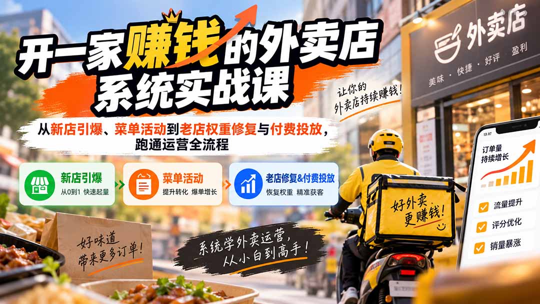 开一家赚钱的外卖店系统实战课：从新店引爆、菜单活动到老店权重修复与付费投放，跑通运营全流程-网创资源站
