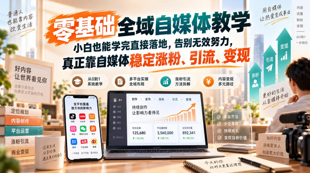 零基础全域自媒体教学，小白也能学完直接落地，告别无效努力，真正靠自媒体稳定涨粉、引流、变现-网创资源站