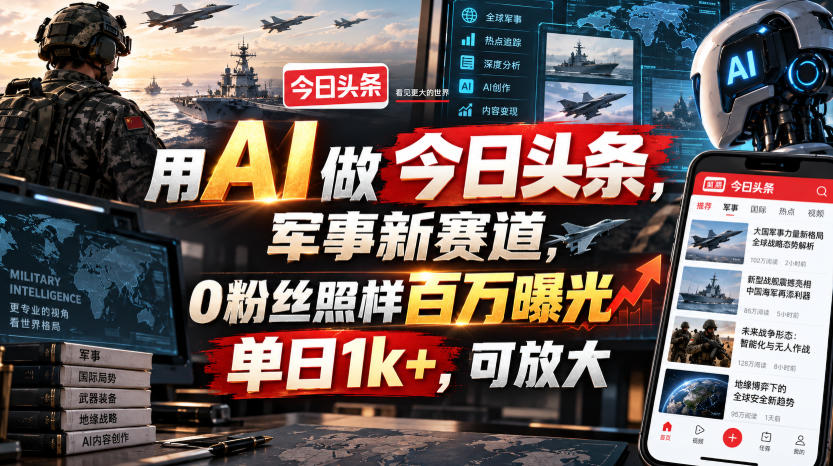 用AI做今日头条，军事新赛道，0粉丝照样百万曝光，单日1k+，可放大-网创资源站