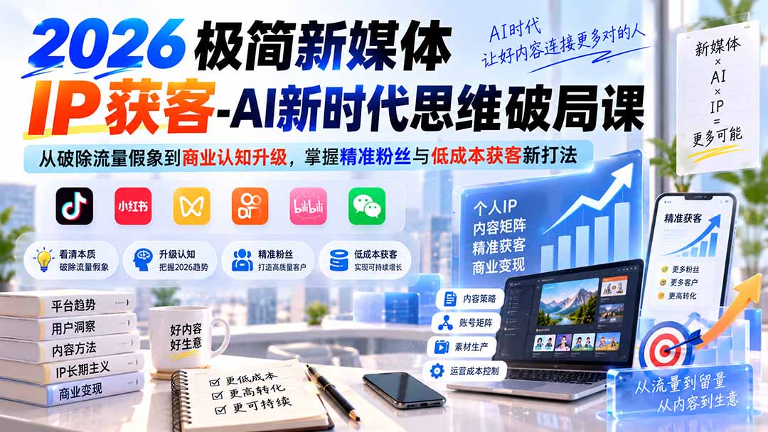 2026极简新媒体IP获客-AI新时代思维破局课：从破除流量假象到商业认知升级，掌握精准粉丝与低成本获客新打法-网创资源站