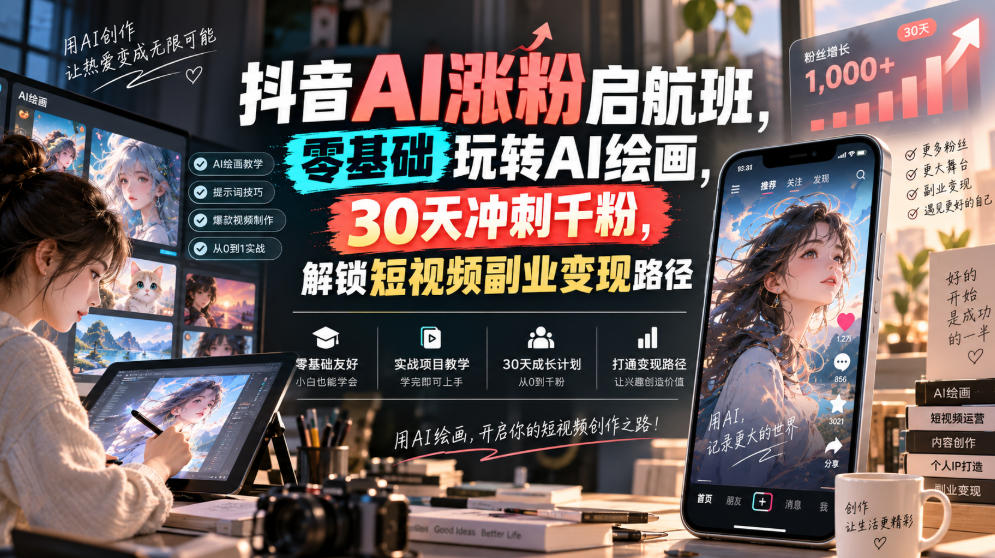 抖音AI涨粉启航班，零基础玩转AI绘画，30天冲刺千粉，解锁短视频副业变现路径-网创资源站