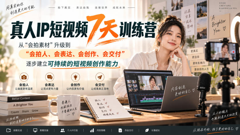真人IP短视频7天训练营，从“会拍素材”升级到“会拍人、会表达、会创作、会交付”，逐步建立可持续的短视频创作能力-网创资源站