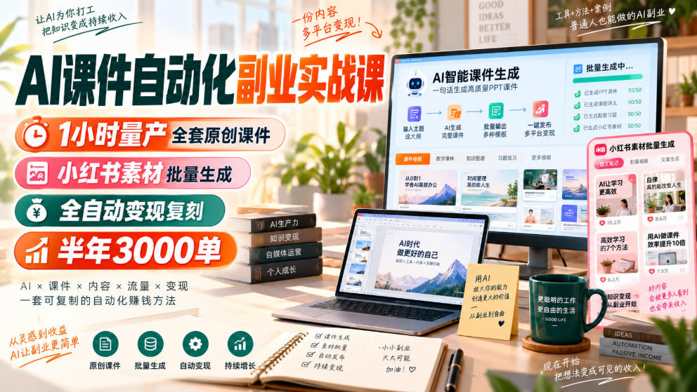 AI课件自动化副业实战课，1小时量产全套原创课件，小红书素材批量生成，全自动变现复刻，半年3000单-网创资源站