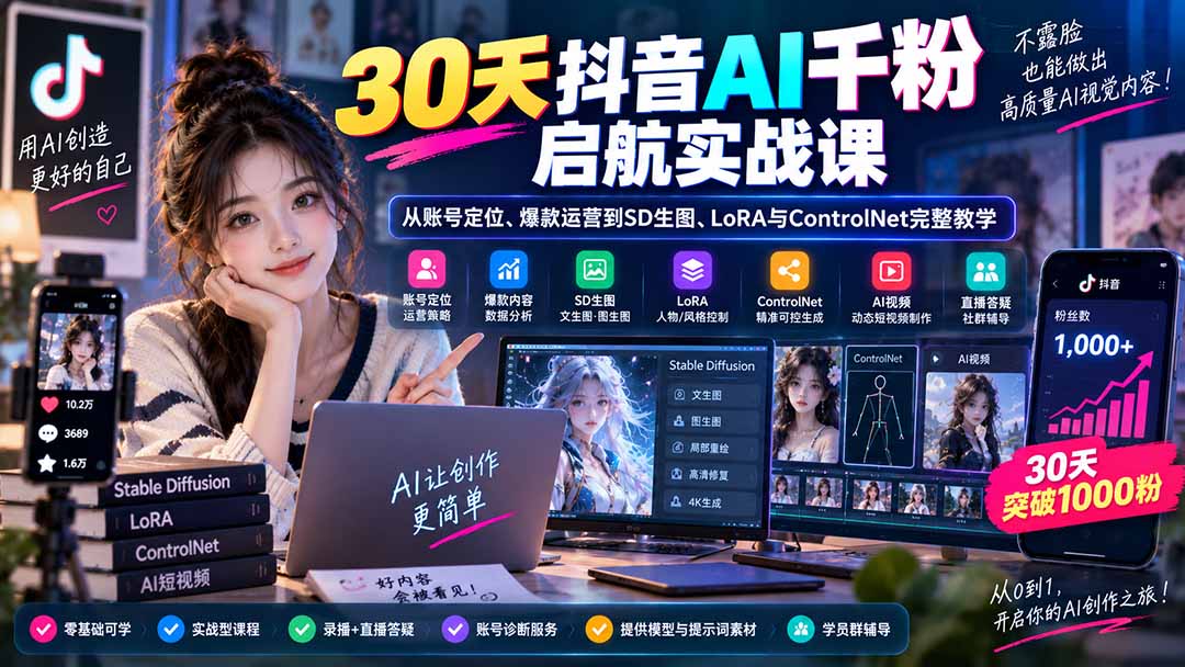 30天抖音AI千粉启航实战课：从账号定位、爆款运营到SD生图、LoRA与ControlNet完整教学-网创资源站