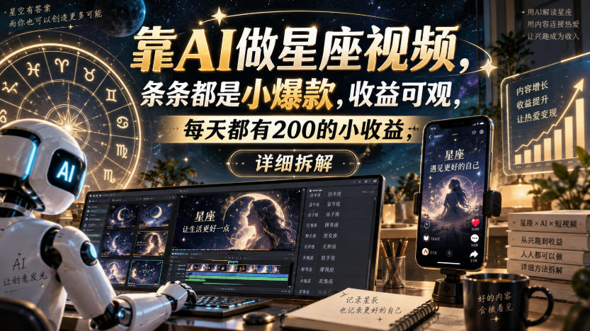 靠AI做星座视频，条条都是小爆款，收益可观，每天都有200的小收益，详细拆解-网创资源站