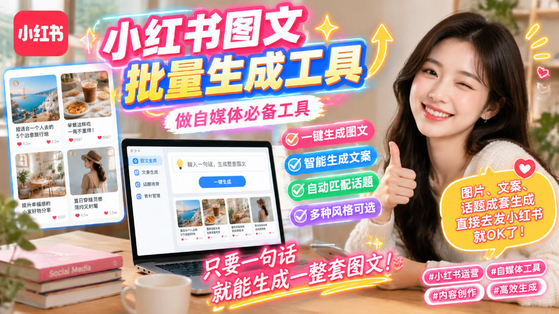 小红书图文批量生成工具，话题、文案、配图一键生成，直接发布，做自媒体必备工具-网创资源站